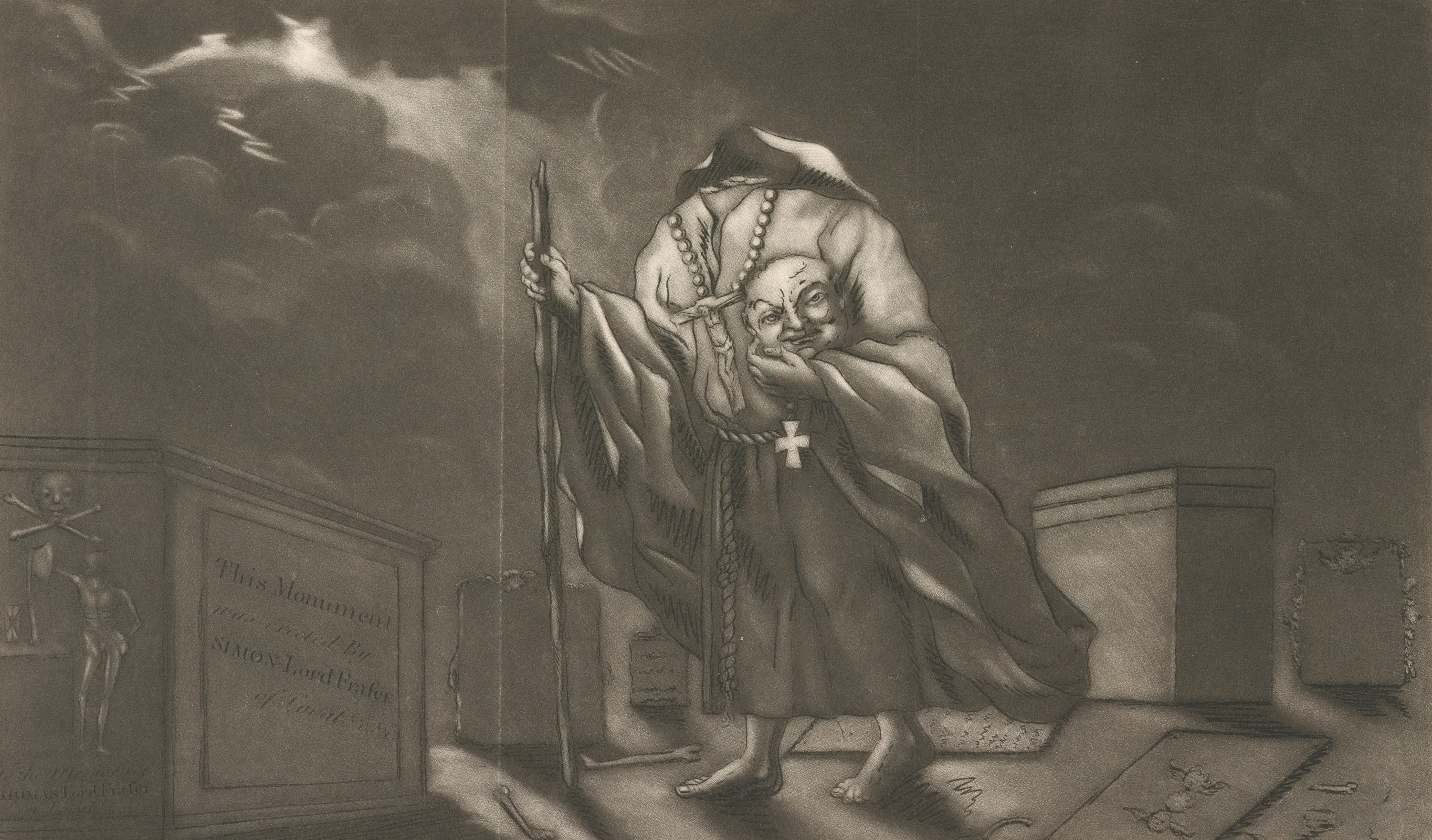 Illustration of a cemetery at night. The headless figure of the ghost of Simon Fraser, 11th Lord Lovat, walks in foreground towards the left wearing a monk's robes. He holds his head in his left hand and a walking stick in his right.