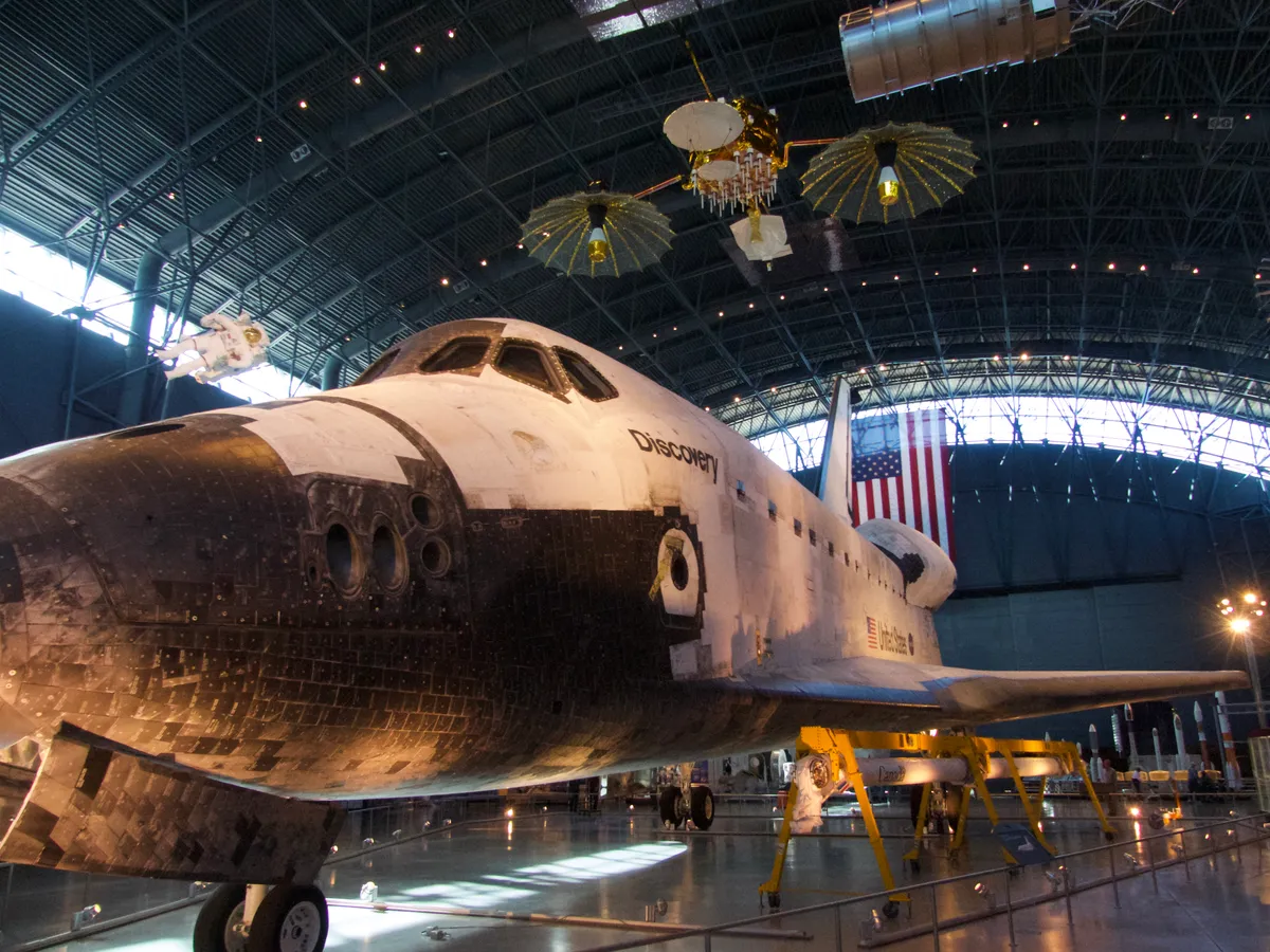 The Space Shuttle Discovery on display at the Udvar-Hazy Air and Space Museum.