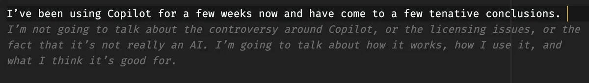 Clip of another suggestion from co-pilot while writing this blog post, text in the caption.
